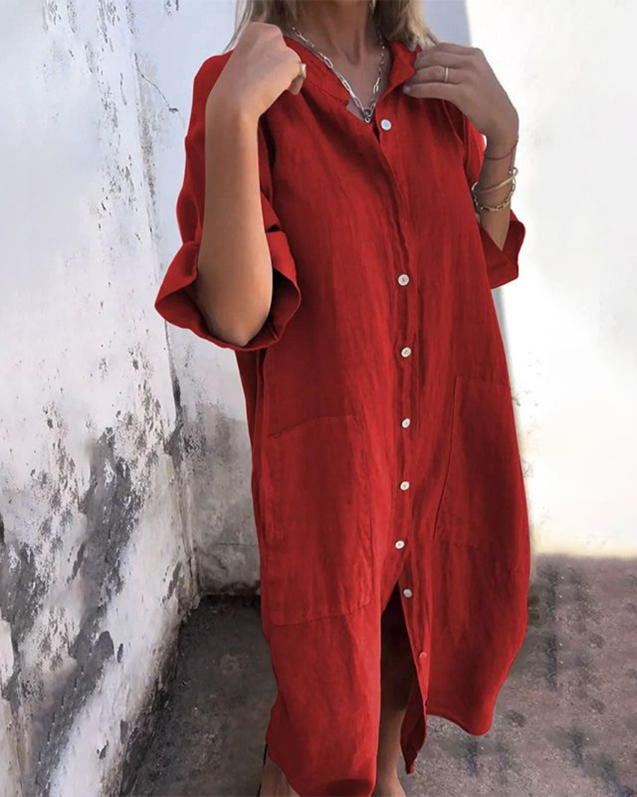 Dames Midi Shirt Dress Oversized met Knoopsluiting en Zijsplit Rood