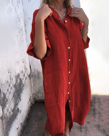 Dames Midi Shirt Dress Oversized met Knoopsluiting en Zijsplit Rood