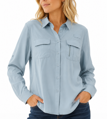 Dames Outdoor shirt met Lange Mouw, Oprolbare Mouwen Hemelsblauw