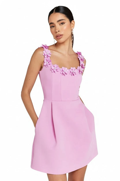 Dames Mini Jurk met 3D Bloemen Bandjes en Corset Taille