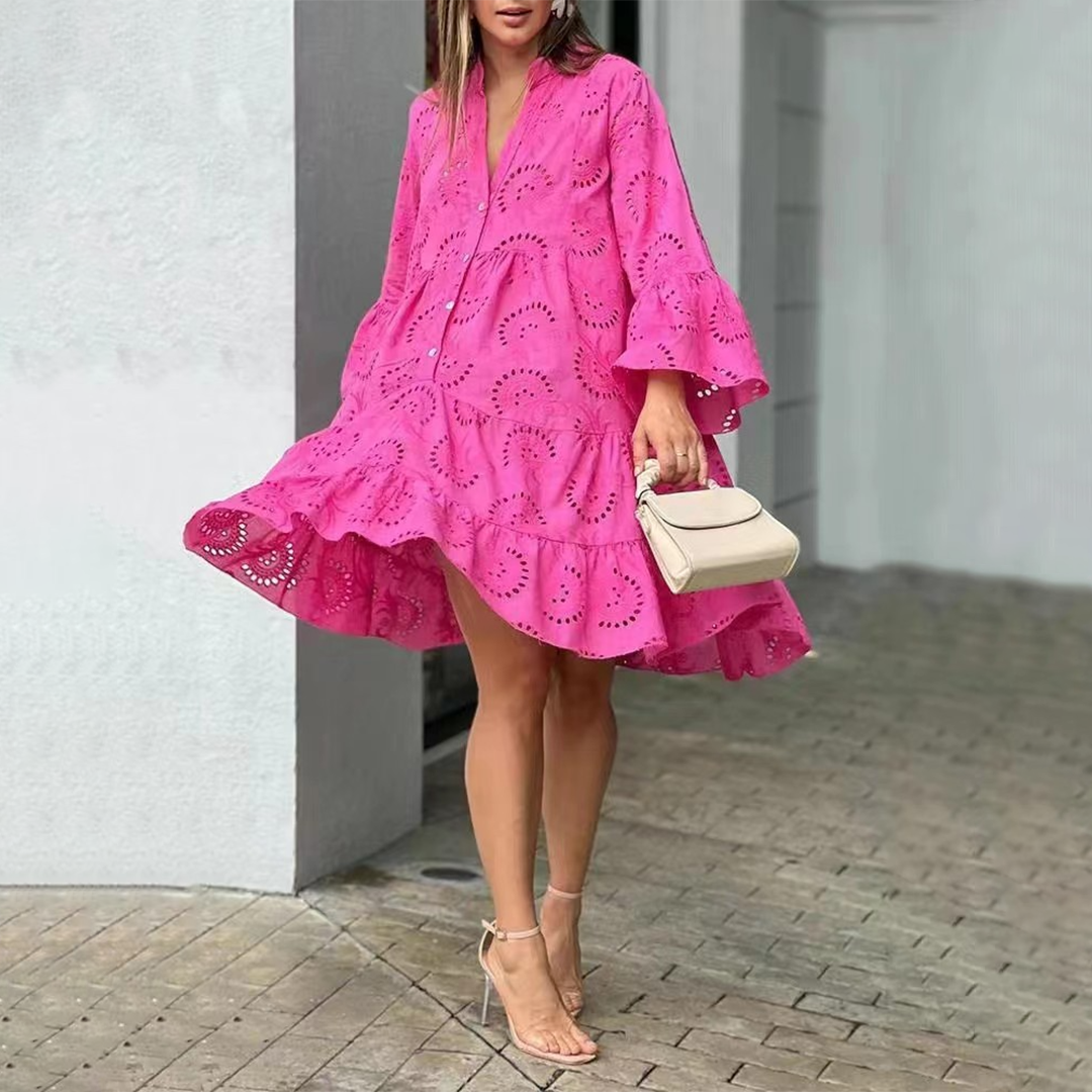 Dames Mini Jurk met Broderie Anglaise, V-hals en Pofmouwen Fuchsia