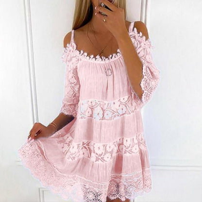 Dames Mini Jurk met Cold-shoulder Mouwen en Kant Roze