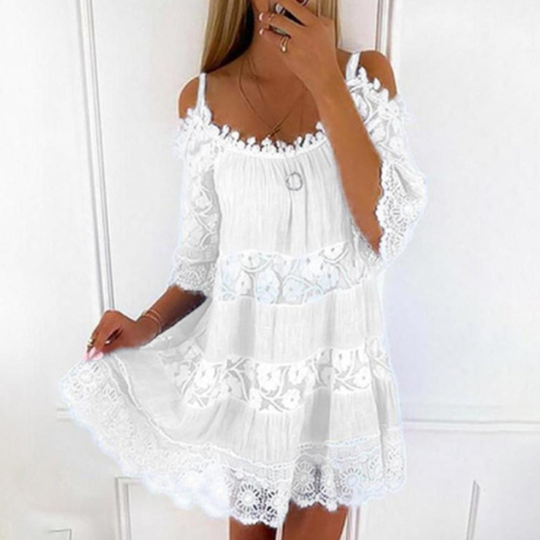 Dames Mini Jurk met Cold-shoulder Mouwen en Kant Wit