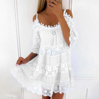 Dames Mini Jurk met Cold-shoulder Mouwen en Kant Wit