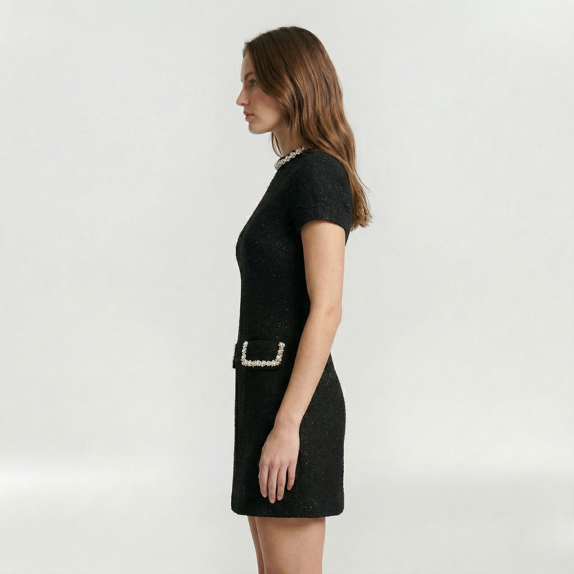 Dames Mini Jurk met Korte Mouw, Parelrand en Decoratieve Zakken