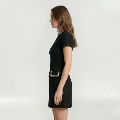 Dames Mini Jurk met Korte Mouw, Parelrand en Decoratieve Zakken