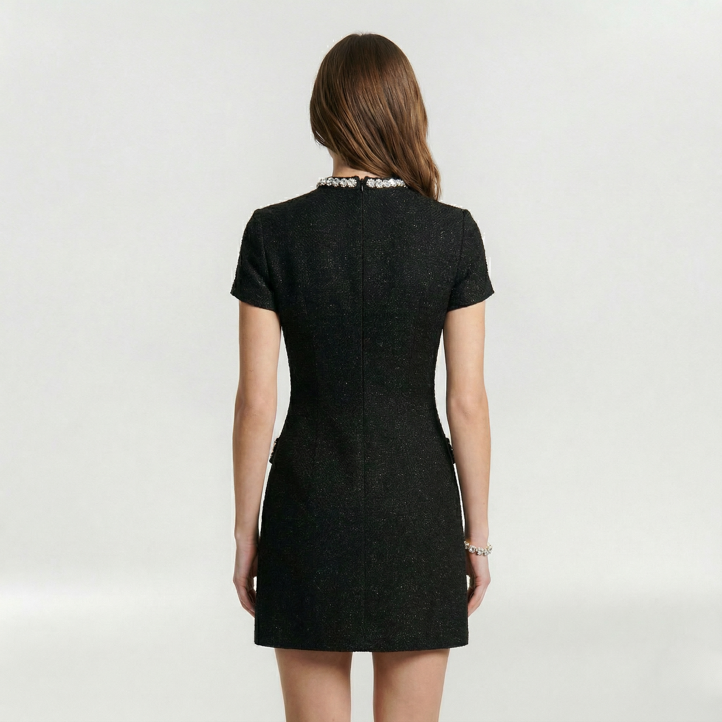 Dames Mini Jurk met Korte Mouw, Parelrand en Decoratieve Zakken