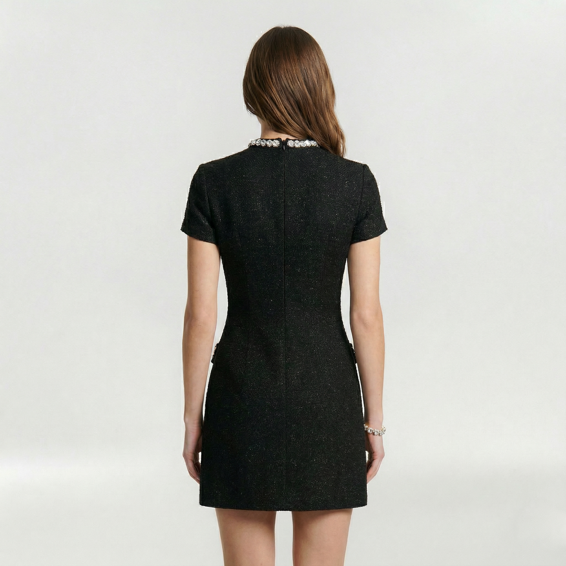 Dames Mini Jurk met Korte Mouw, Parelrand en Decoratieve Zakken