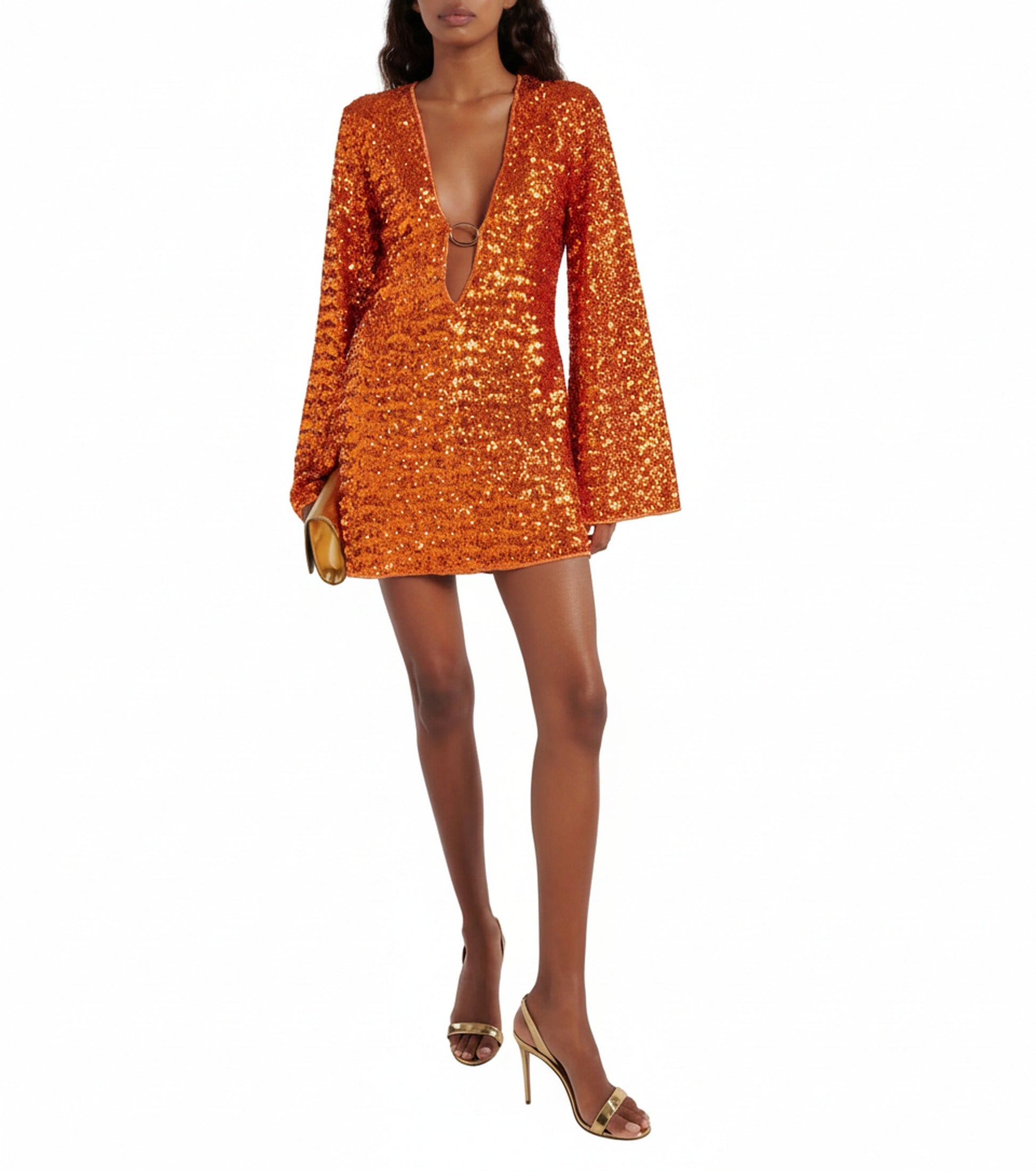 Dames Mini Jurk met V-hals en Wijde Mouwen Pailletten