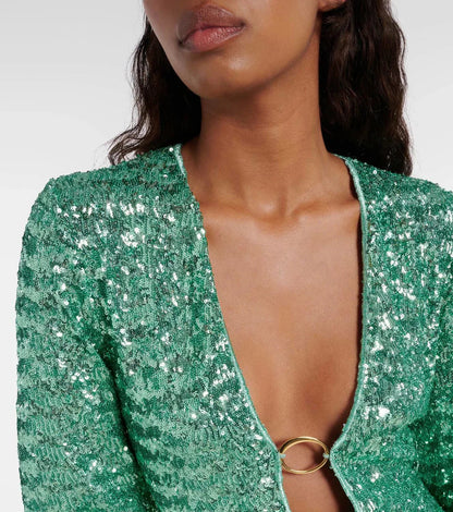 Dames Mini Jurk met V-hals en Wijde Mouwen Pailletten