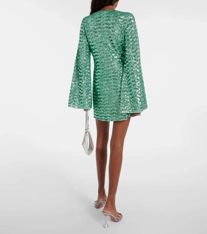 Dames Mini Jurk met V-hals en Wijde Mouwen Pailletten