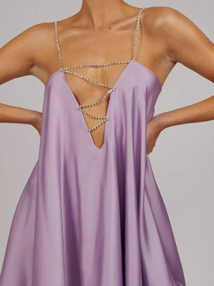 Dames Mini Jurk Mouwloos met Diepe V-hals en Strass Bandjes