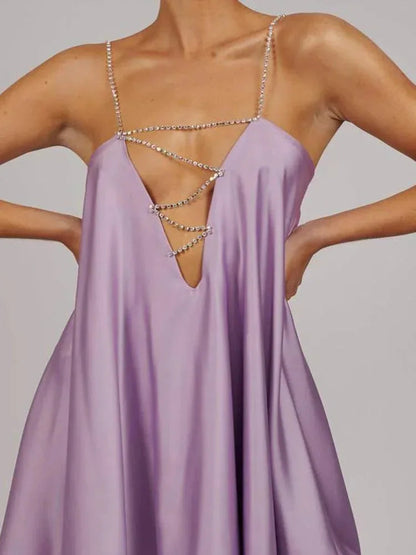 Dames Mini Jurk Mouwloos met Diepe V-hals en Strass Bandjes