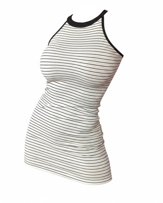 Dames Mini Jurk Mouwloos met Halternek en Streepprint Bodycon Slim Fit
