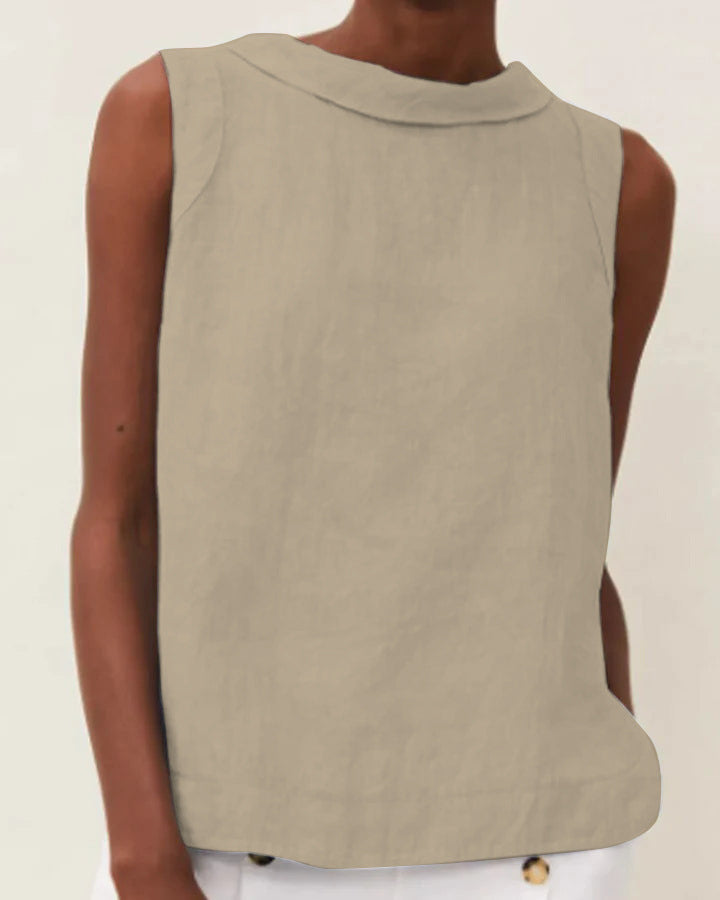 Dames Mouwloze Blouse met Rolkraag en Rechte Snit Beige