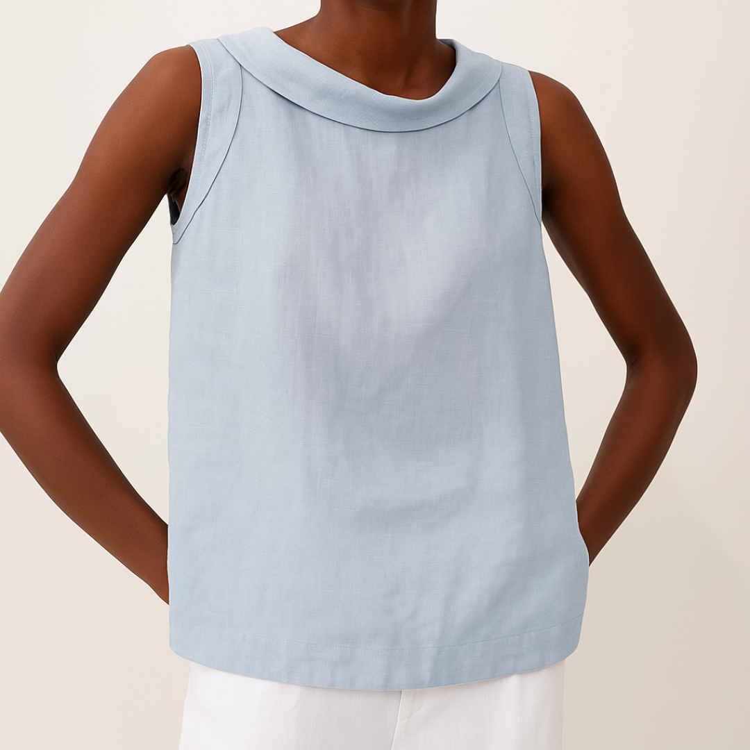 Dames Mouwloze Blouse met Rolkraag en Rechte Snit Blauw