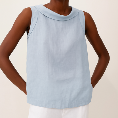 Dames Mouwloze Blouse met Rolkraag en Rechte Snit Blauw