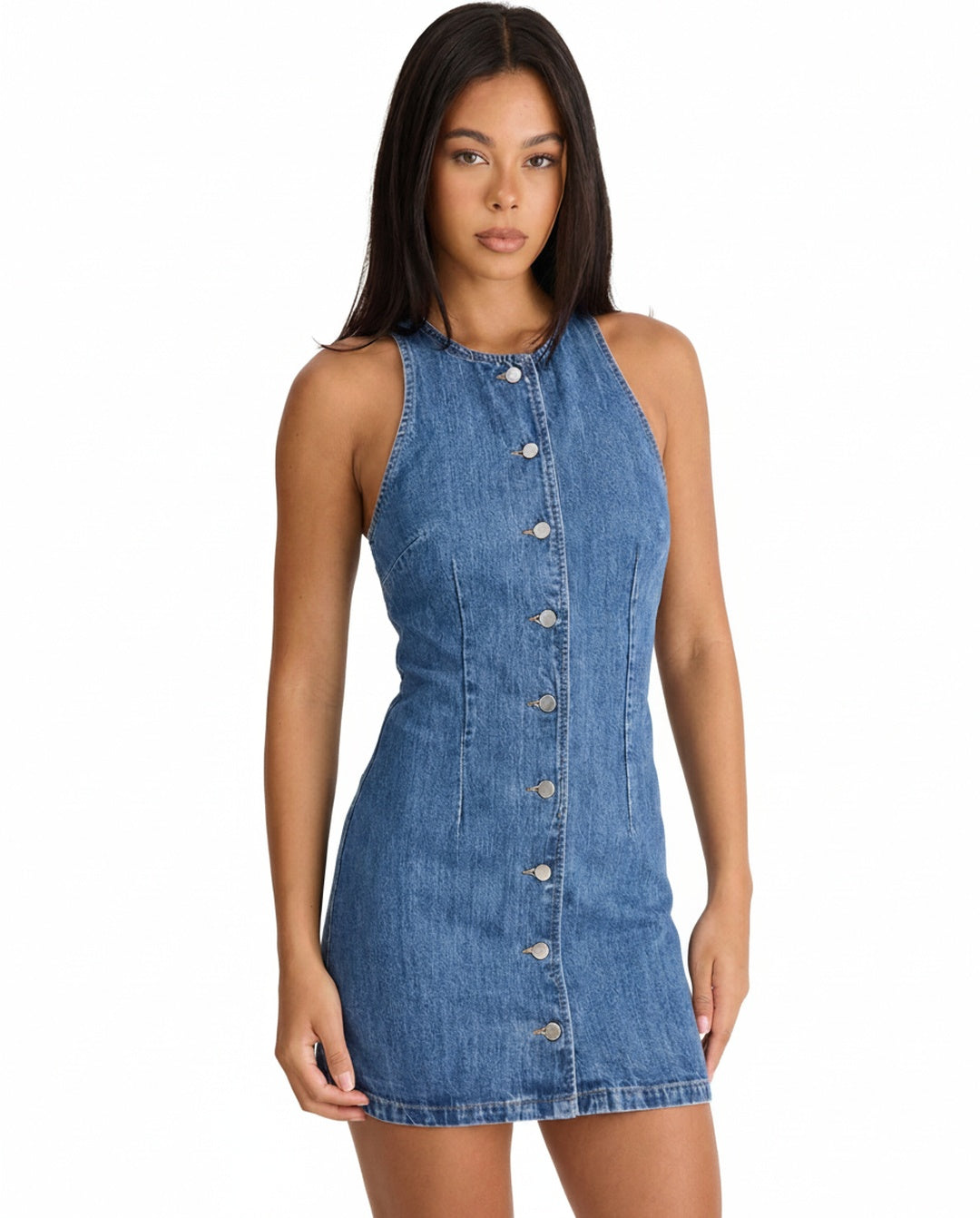 Dames Mouwloze Denim Mini Jurk met Knoopsluiting aan de Voorkant