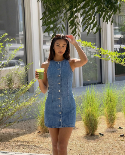 Dames Mouwloze Denim Mini Jurk met Knoopsluiting aan de Voorkant