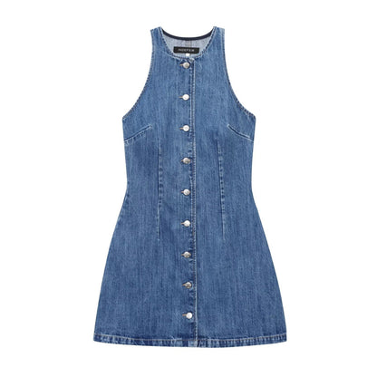 Dames Mouwloze Denim Mini Jurk met Knoopsluiting aan de Voorkant