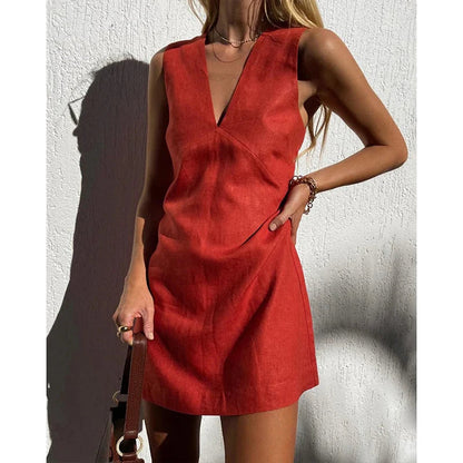 Dames Mouwloze Jurk met Diepe V-hals Rood