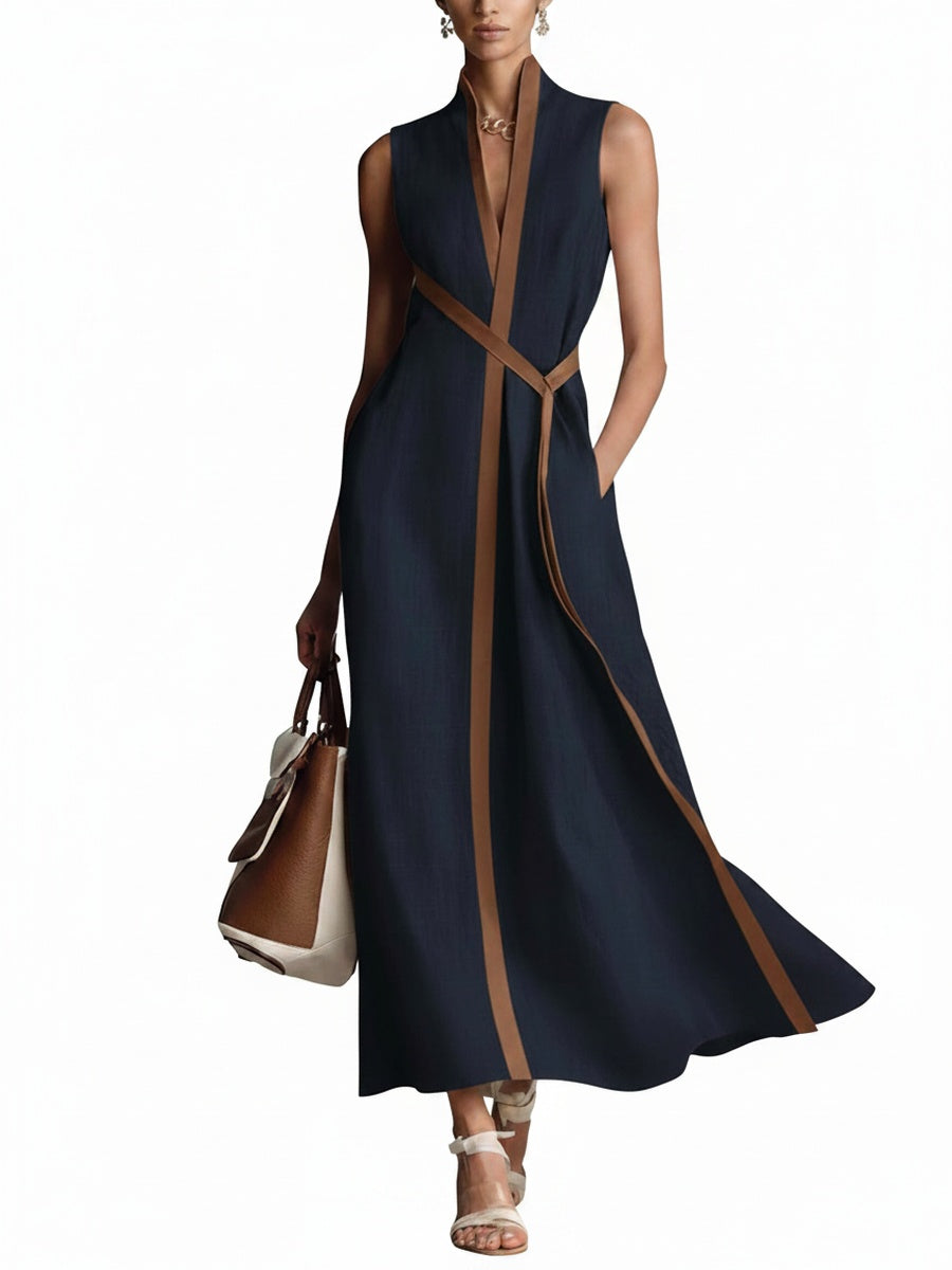 Dames Mouwloze Maxi Jurk met V-hals en Contrasterende Bies