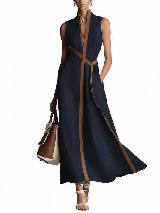 Dames Mouwloze Maxi Jurk met V-hals en Contrasterende Bies