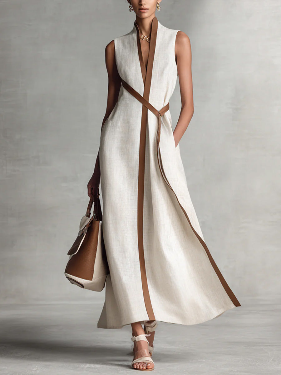 Dames Mouwloze Maxi Jurk met V-hals en Contrasterende Bies Wit