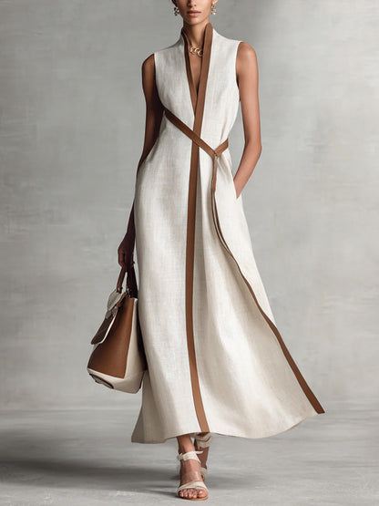 Dames Mouwloze Maxi Jurk met V-hals en Contrasterende Bies Wit