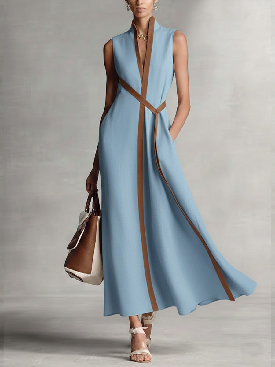 Dames Mouwloze Maxi Jurk met V-hals en Contrasterende Bies Blauw