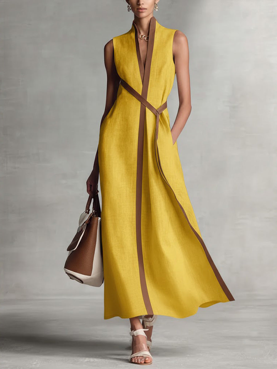 Dames Mouwloze Maxi Jurk met V-hals en Contrasterende Bies Geel