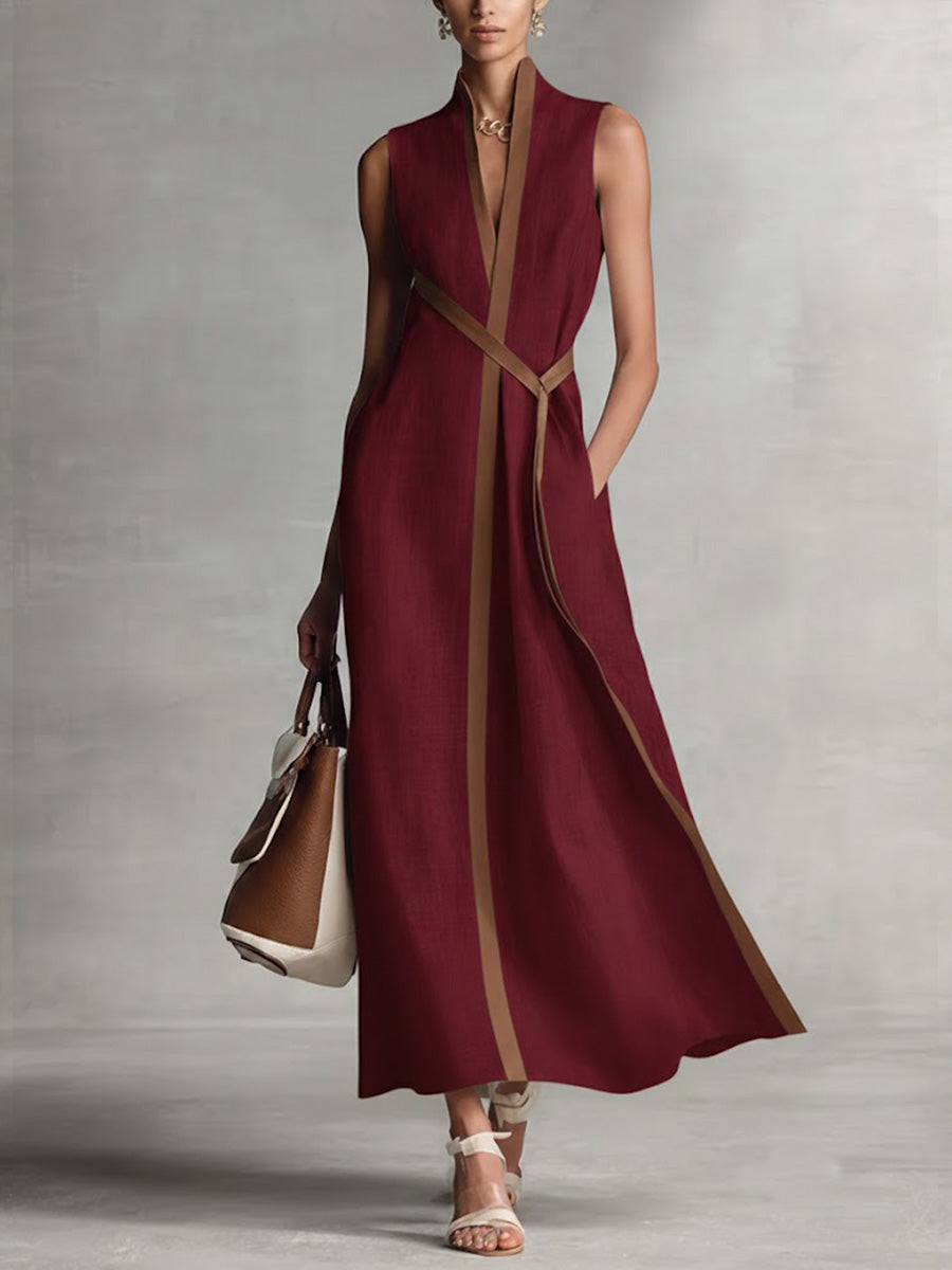 Dames Mouwloze Maxi Jurk met V-hals en Contrasterende Bies Bordeauxrood