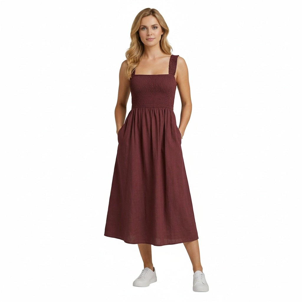 Dames Mouwloze Maxi Jurk met Vierkante Hals, Smock Detail en Open Rug