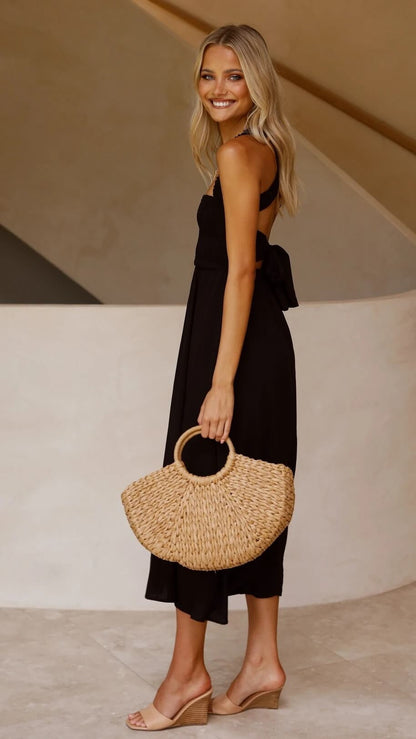 Dames Mouwloze Maxi Jurk met Vierkante Hals, Smock Detail en Open Rug