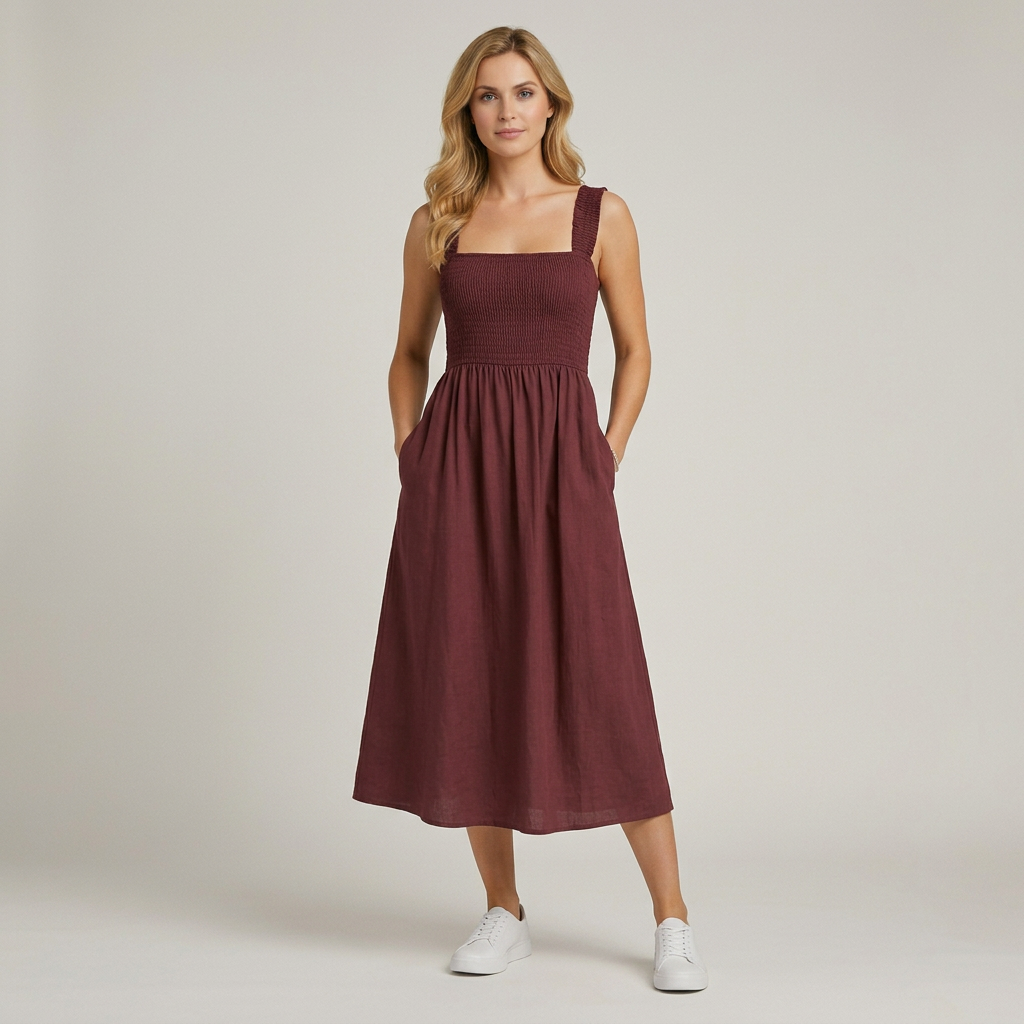 Dames Mouwloze Maxi Jurk met Vierkante Hals, Smock Detail en Open Rug Bruin