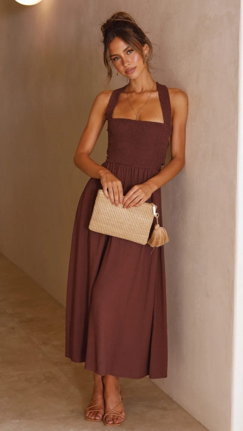Dames Mouwloze Maxi Jurk met Vierkante Hals, Smock Detail en Open Rug