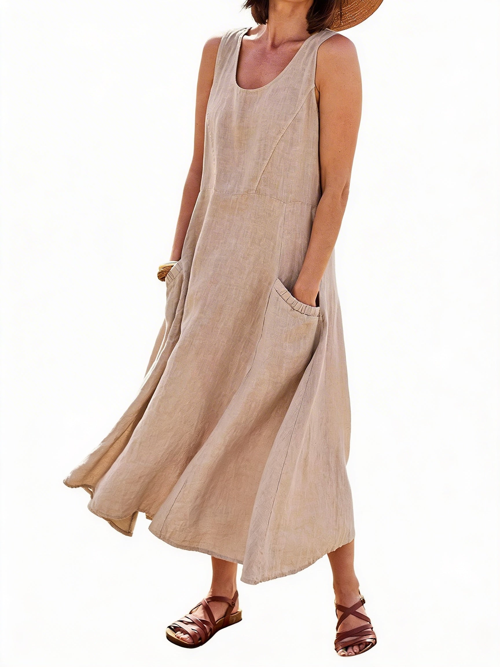 Dames Mouwloze Maxi Jurk met Zakken en Ronde Hals