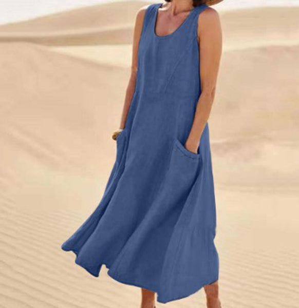 Dames Mouwloze Maxi Jurk met Zakken en Ronde Hals Blauw