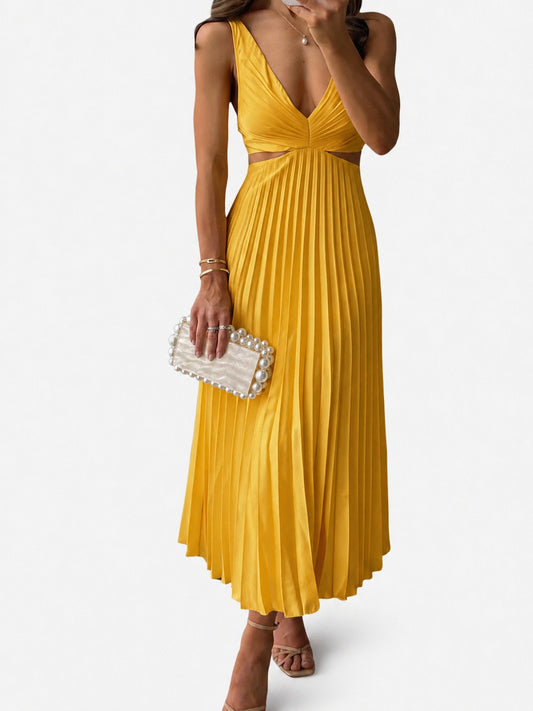 Dames Mouwloze Midi Jurk met V-hals en Geplooide Rok en Cut-out Taille