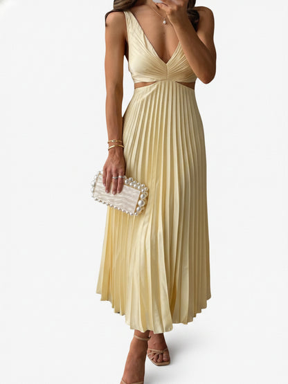 Dames Mouwloze Midi Jurk met V-hals en Geplooide Rok en Cut-out Taille