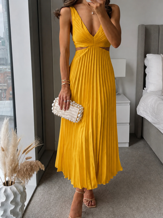 Dames Mouwloze Midi Jurk met V-hals en Geplooide Rok en Cut-out Taille Geel