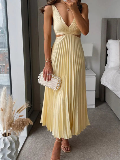 Dames Mouwloze Midi Jurk met V-hals en Geplooide Rok en Cut-out Taille