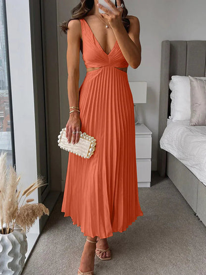 Dames Mouwloze Midi Jurk met V-hals en Geplooide Rok en Cut-out Taille