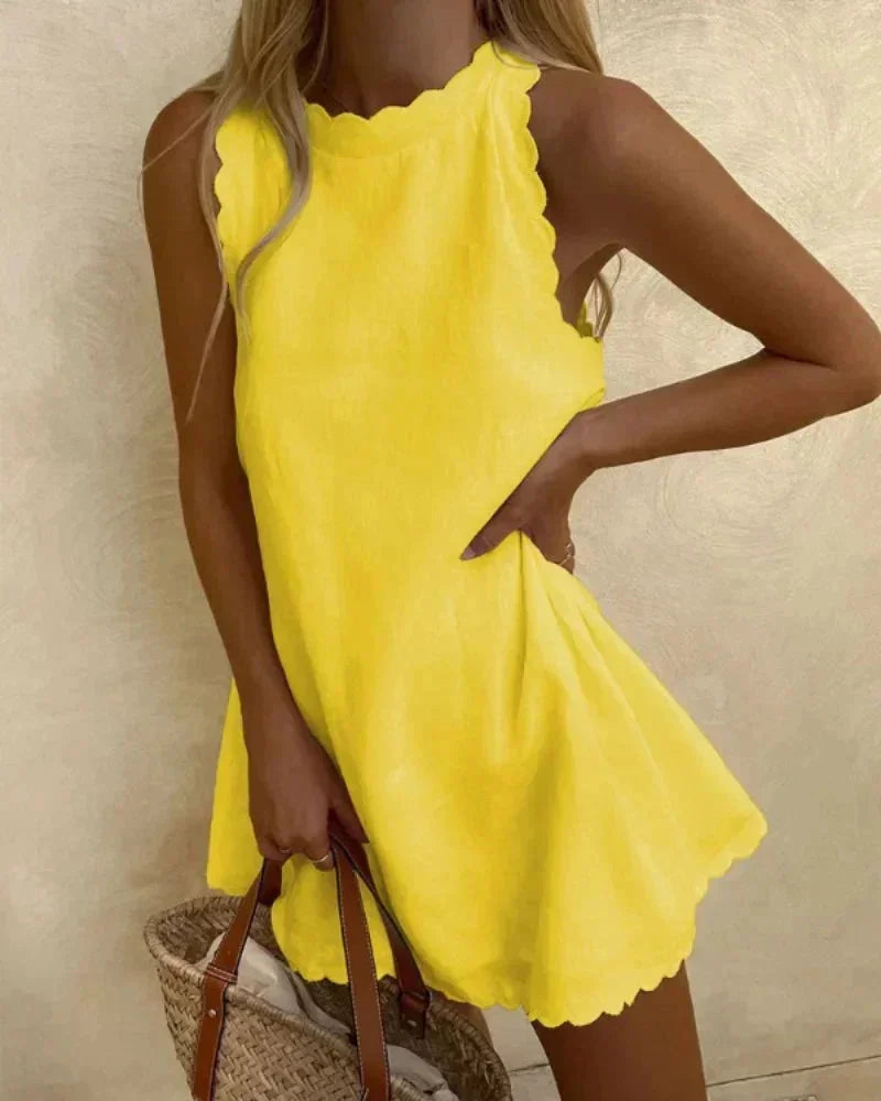 Dames Mouwloze Mini Jurk met Festonrand Geel