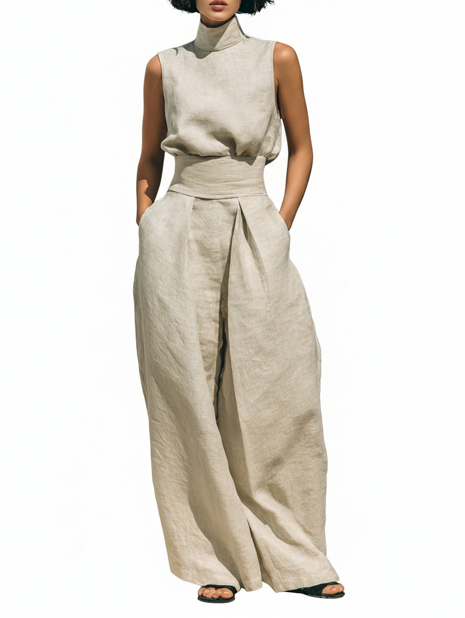 Dames Mouwloze Top en Wijde Broek Set met Colkraag