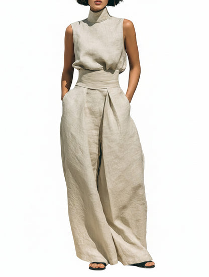 Dames Mouwloze Top en Wijde Broek Set met Colkraag