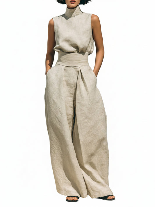 Dames Mouwloze Top en Wijde Broek Set met Colkraag