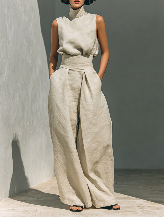 Dames Mouwloze Top en Wijde Broek Set met Colkraag Khaki