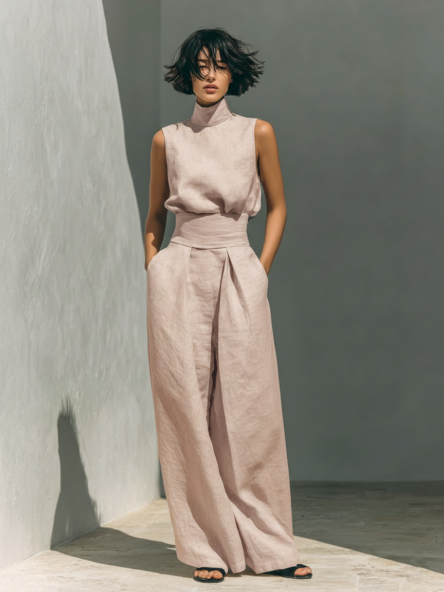 Dames Mouwloze Top en Wijde Broek Set met Colkraag Lichtroze