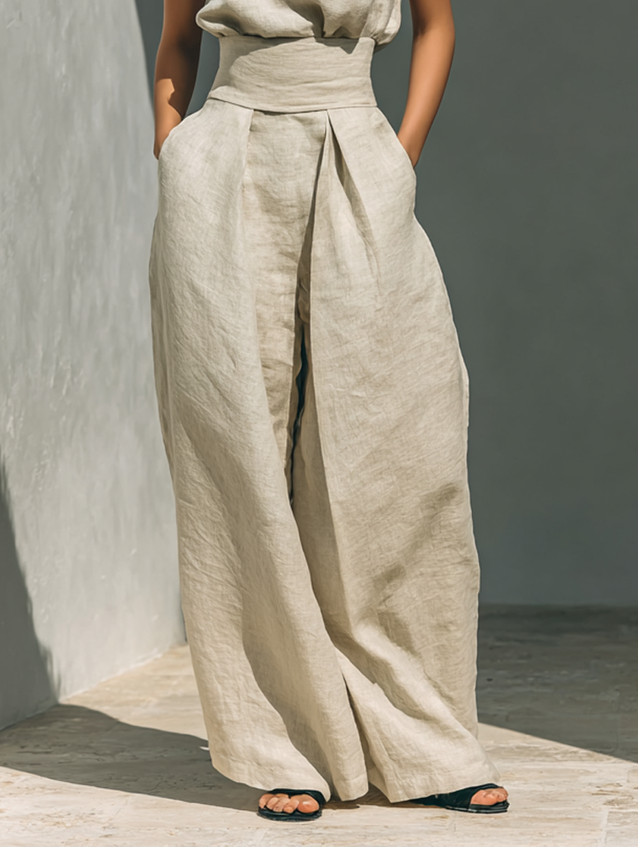 Dames Mouwloze Top en Wijde Broek Set met Colkraag